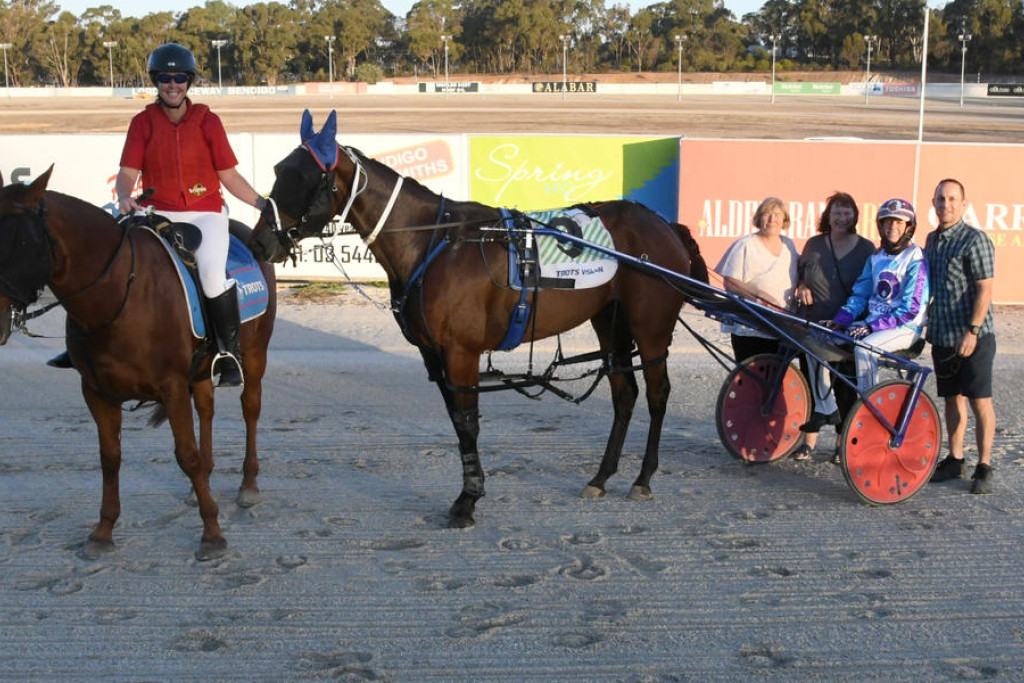 Pancare Foundation ambassador, the 3yo filly Alifetimeforliving, with trainer/driver Kerryn Manning and connections after their win at Bendigo.