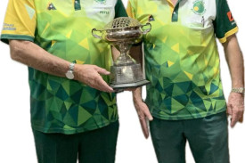 Dimboola Bowling Club men’s championship winner Peter O’Loughlin, left, presented by Alex Orcsik.