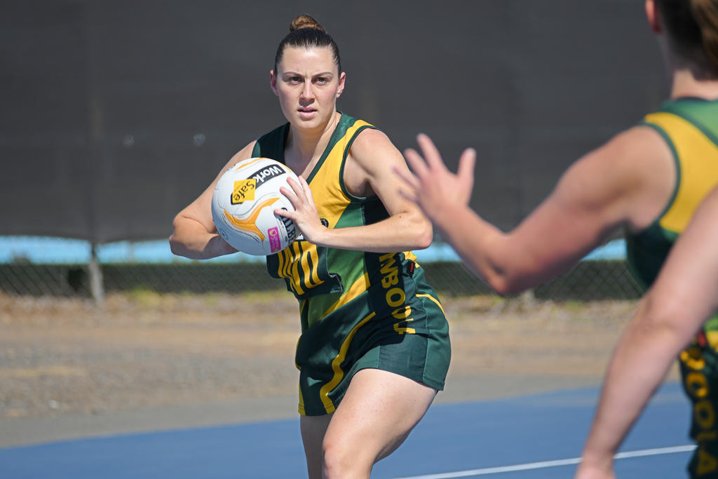 Dimboola captain Rianna Kuhne looks for an open teammate before rocketing the ball upcourt.