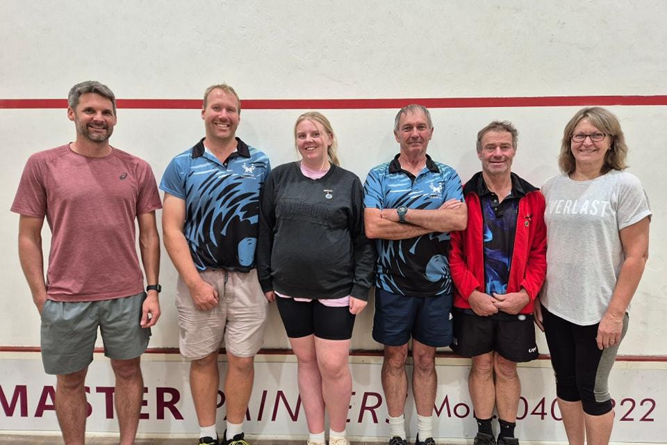 Squash club life members Chris Warrick, Tim Hopper, Thalia Hopper, Russell Davies, Kevin McDonald and Jacky Adlington.