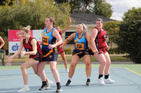 Nhill defenders Emma Schilling and Larnie Hobbs work to stop the Stawell attack from scoring during their clash on Saturday.