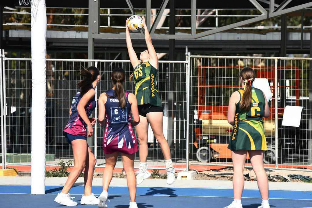 Dimboola's Nicole Polycarpou is at full stretch to grab this delivery to the goal ring on Saturday against the Demons.