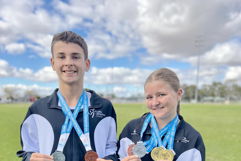 Jett Hill and Georgia Foster proudly display their medals after a standout performance at the 2025 Australian Little Athletics Championships (ALAC), bringing home six medals between them for Horsham.