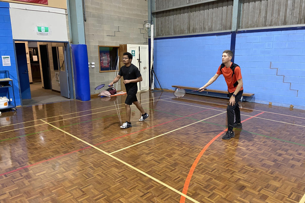 A graders, Subin Mathew's and Daniel Aitken in action during round 4 of the Horsham Badminton Association&rsquo;s Winter Competition.