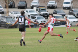 James Jennings gets boot to ball for Ararat during their clash with the Thunder on Saturday.