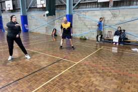 Smash Star players Caitlin Sawyer and Paul Robertson return a serve during the Round 7 clash of the Horsham Badminton Association Winter Competition.