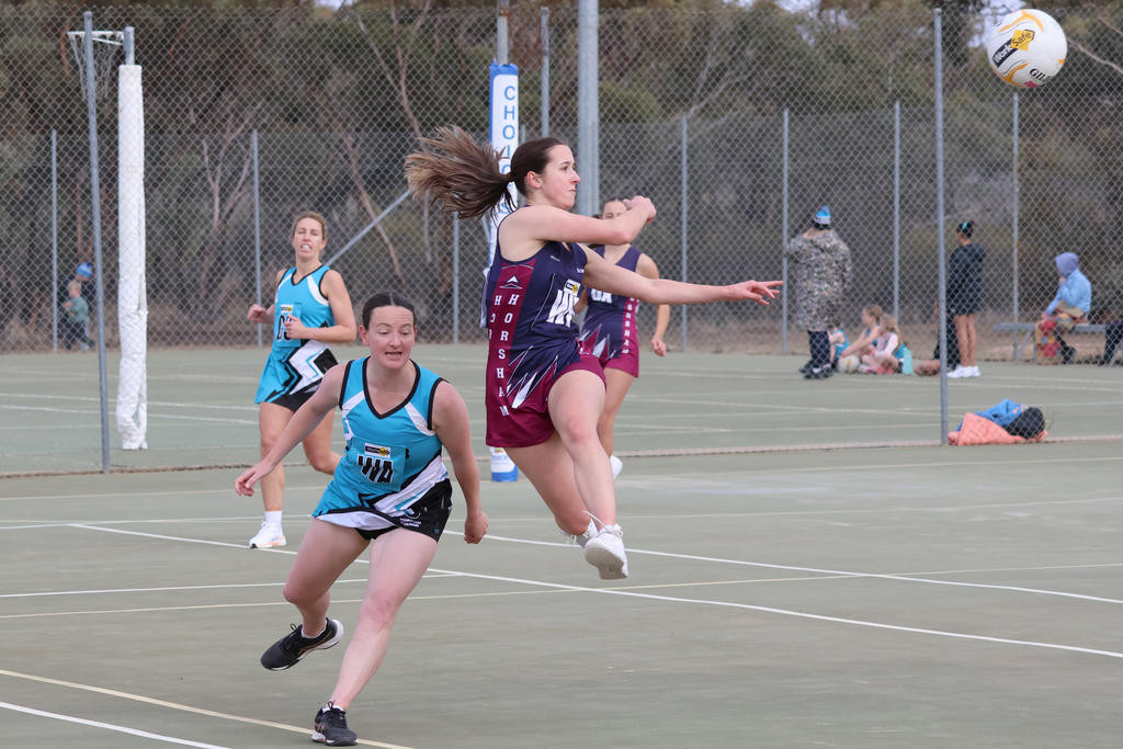 Demon Jorja Jones hits the ball away from Thunder's Jodie Hayes.