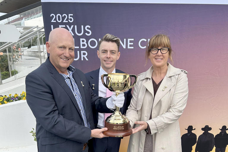 Pictured at the announcement are president Mark Phelan, 2024 Melbourne Cup winning jockey Robbie Dolan and club manager Emma Beaton.