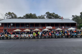 Two hundred and ten riders turned up in Harrow for a wet weekend of riding their vintage trailbikes - the Vinduro event requires all bikes to be from 1988 or earlier. The rain held off on the Saturday morning for a massive group photo in front of the Hermitage Hotel.