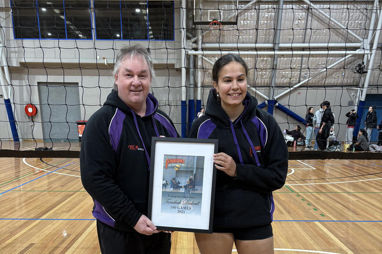Volleyball Horsham's Tamikah Dockrill receives her recognition as she becomes the second Volleyball Horsham female to play 100 games for Phantoms in the Victorian Volleyball League.