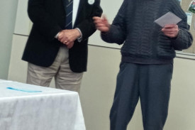 Nhills’ newest centenaria,n Merv Schneider with Wimmera Legacy President Phillip Nicks at a specail afternoon tea at the July Legacy meeting