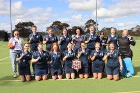 Yanac players celebrate winning the WHA women’s premiership.