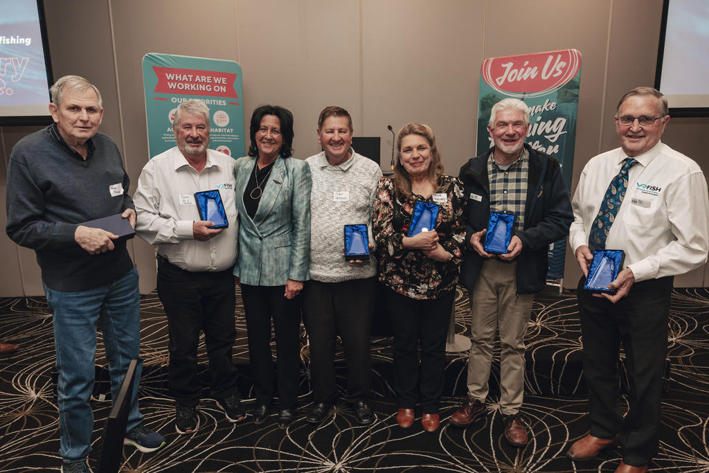 Wimmera Mallee recretional fishing advocate Robert Loats (right) is one of eight new lifetime achievement award recipients honoured by VRFish as part of its 30th anniversary celebrations. He is pictured with fellow honourees Bob Pearce, Steven Relf, John Hotchin, Priya Cardinaletti and Geoff Cramer, with Christine Couzens MP (third from left).