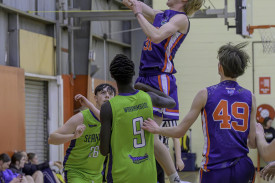 Horsham Hornets under 18 boys’ Riley Downer shoots for goal.