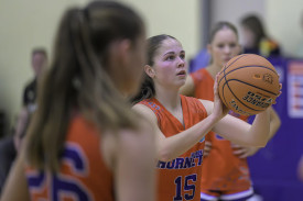 Horsham Hornets under 18 girls’ player Hannah Plazza takes a free shot at goal.