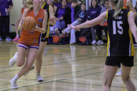 Horsham Hornets under 18 girls’ player Ilze Van Zyl heads goalward.