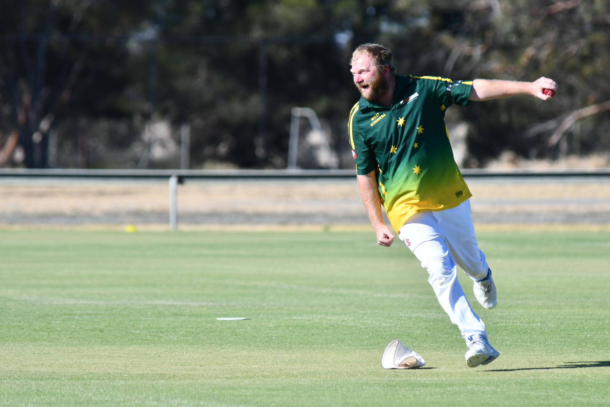 Greg Trenery (West Wimmera Warriors) celebrates the team win, taking the winning catch in their C-grade match against Laharum. PHOTO: CHRIS GRAETZ