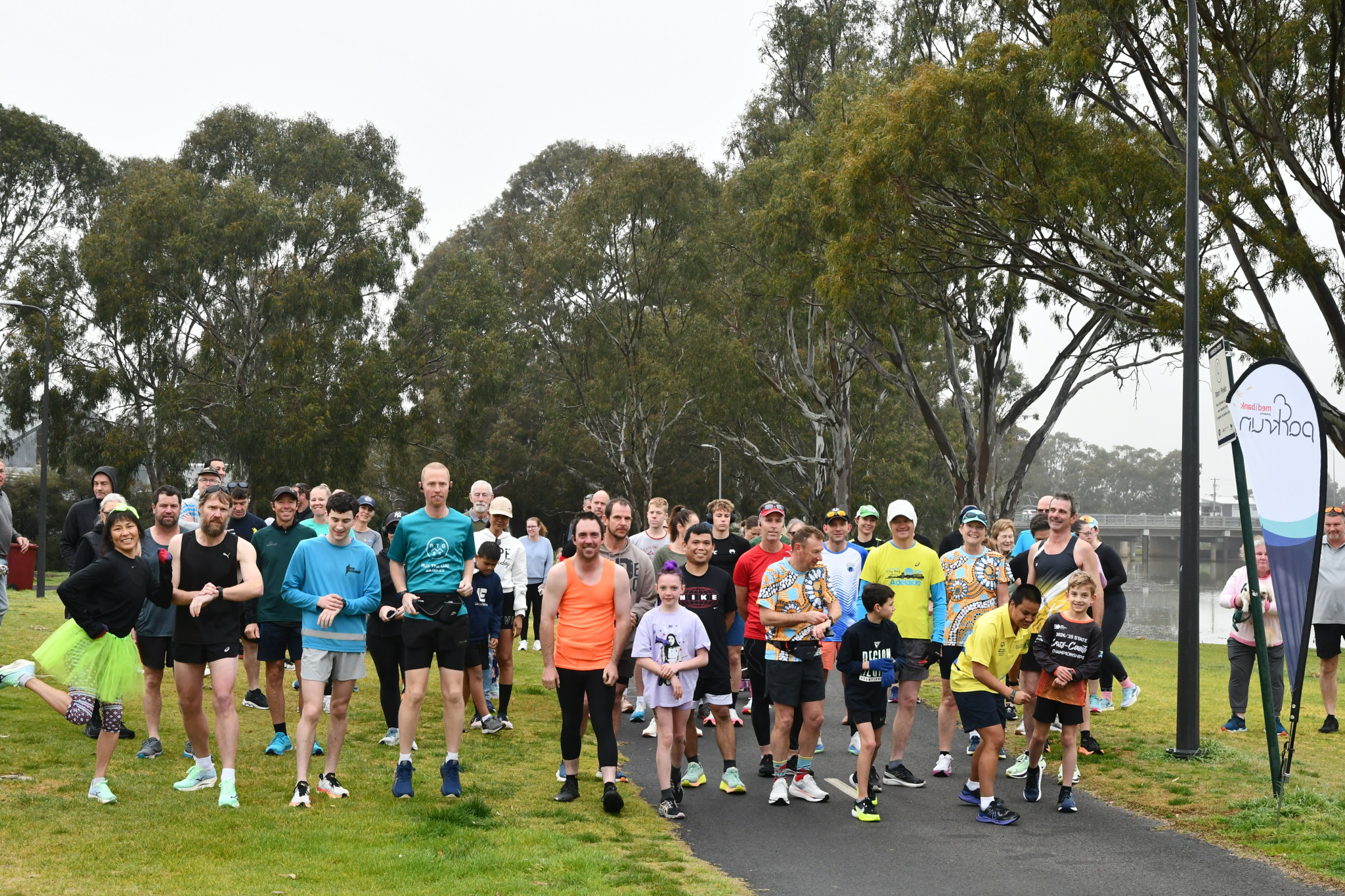 Participants at the start line of Horsham's Wimmera River parkrun, which clebrated its seventh birthday on Saturday.