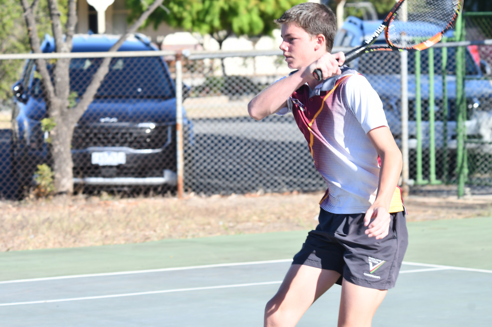 Warracknabeal's Campbell Mansfield unleashes a forehand during the opening round of the Dimboola District Tennis Association's 2025-26 season.