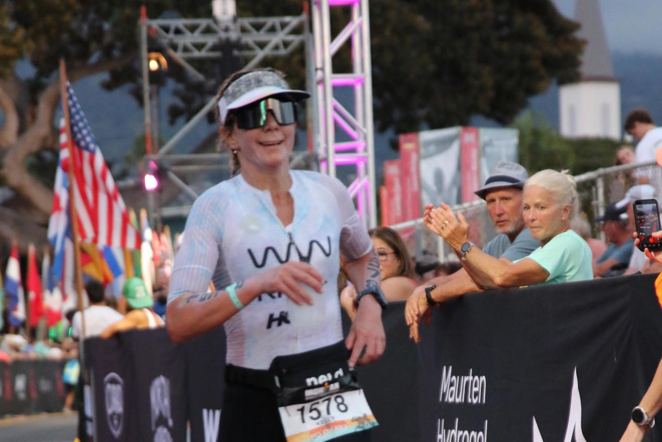 Kelly Miller approaches the finish of the Ironman World Championships. Miller finished fourth in the female 45-49 category, earning her a place on the podium.