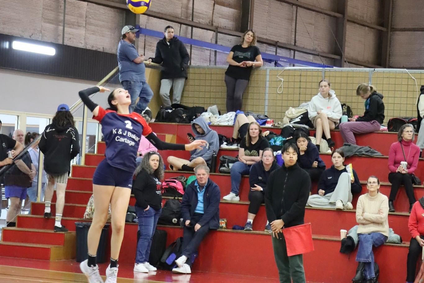 Volleyball Horsham's Paige Hemley delivers another trademark jump float serve in last year's junior country championships. Hemley will play a key role in her team's gold medal defence at this year's event which starts this morning in Horsham.